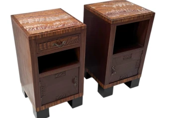 Two Art Deco Nightstands or Bedside Tables with Multi-Colored Marble Tops, 1930s